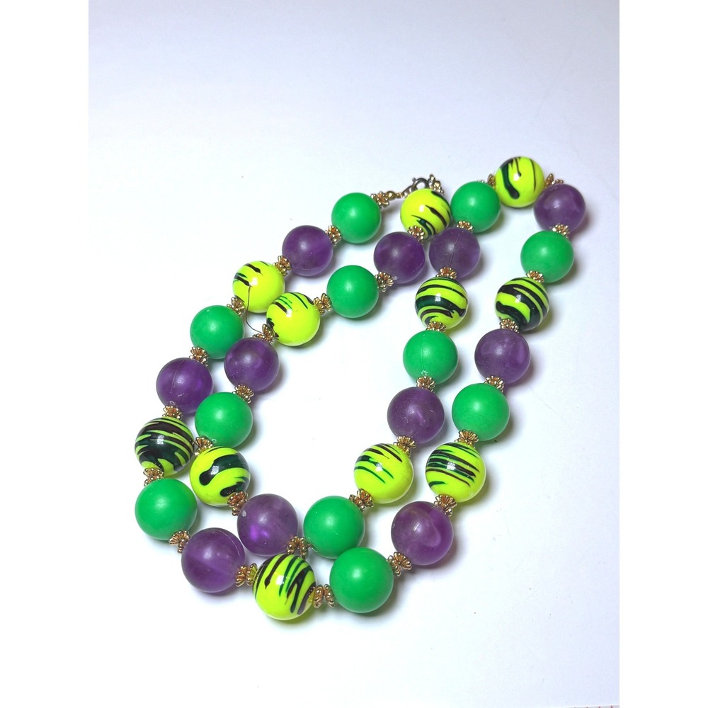 Vintage Style Neon Gumball Bead Necklace Green Purple Yellow Black Swirl 30"